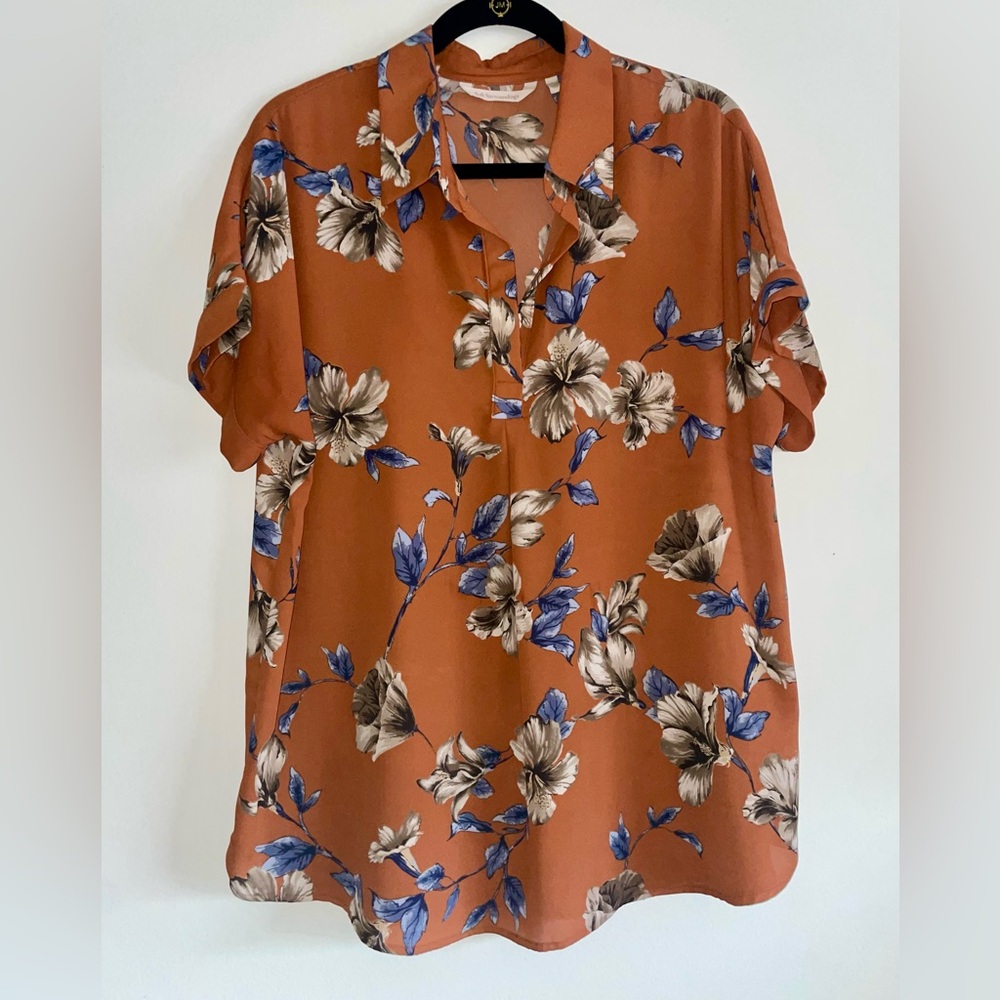 Soft Surroundings Burnt Orange Floral Short Sleeve Blouse Sz L